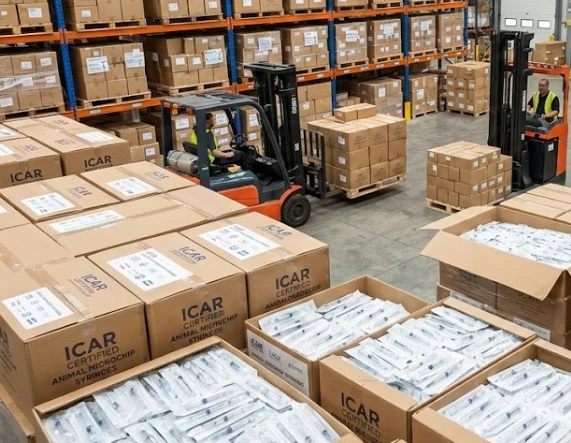 Bulk inventory of ICAR-certified animal microchip syringes in a warehouse ready for global distribution Bulk inventory of ICAR-certified animal microchip syringes in a warehouse ready for global distribution
